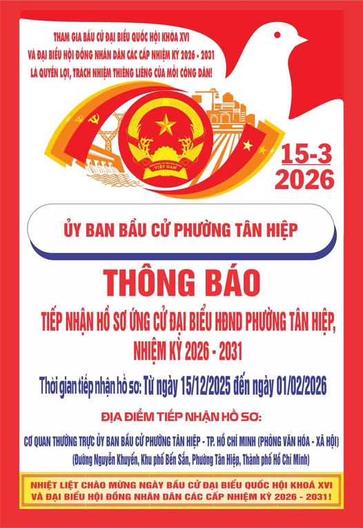 THÔNG BÁO THỜI GIAN TIẾP NHẬN HỒ SƠ ỨNG CỬ ĐẠI BIỂU HĐND PHƯỜNG TÂN HIỆP, NHIỆM KỲ 2026 - 2031